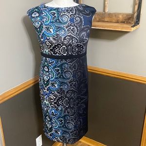 Chico’s black, blue, white and green paisley cap sleeve dress size Small